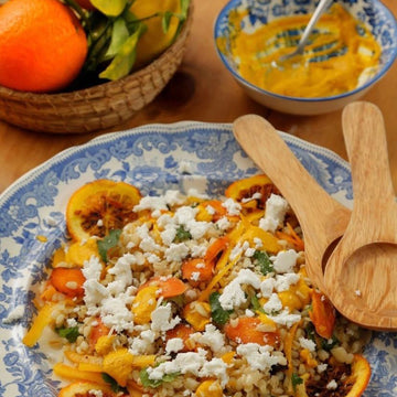 Ensalada de mote, zanahorias asadas y queso de cabra con mayonesa de zanahoria-naranja